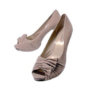 Moda Spana Snakeskin Heels Texture Gathered Fabric Top Peep Toe Rubber Size 9.5
